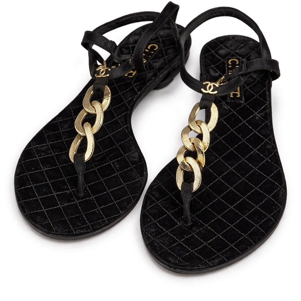 CHANEL Black and Gold Chain Sandals